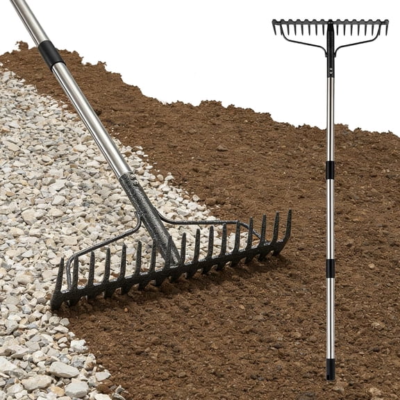 63" Bow Rake,Heavy Duty Metal Garden Rake for Moving Gravel Loosening Soil Leveling Ground Gathering Leaf Debris Spreading Mulch, 17 Tines,Adjustable Handle, for Lawn Garden Farm Landscape Work