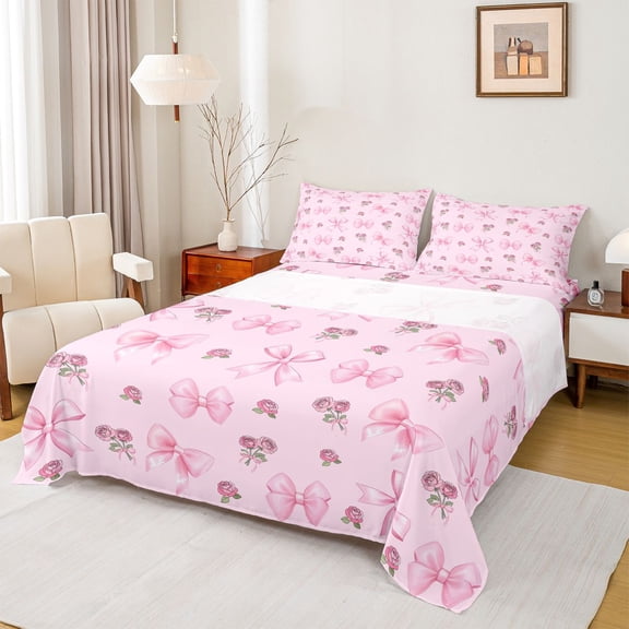 Feelyou Princess Cute Bow Twin Sheet Sets, Romantic Pink Rose Bedding, 3-Piece