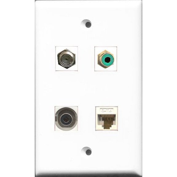 RiteAV 1 Port RCA Green and 1 Port Coax Cable TV- F-Type and 1 Port 3.5mm and 1 Port Cat6 Ethernet White Wall Plate