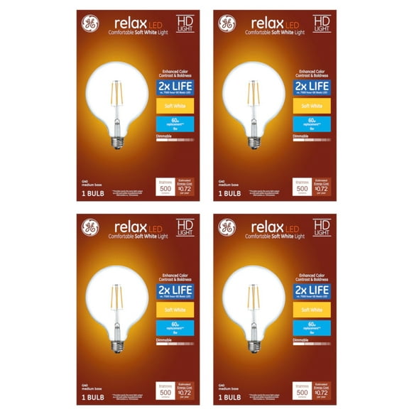 (4 bulbs) GE 41857 relax LED G40 Globe HD Light, 60 watt replacement using only 6 watts, 500 lumens, soft white, dimmable LED Light Bulb