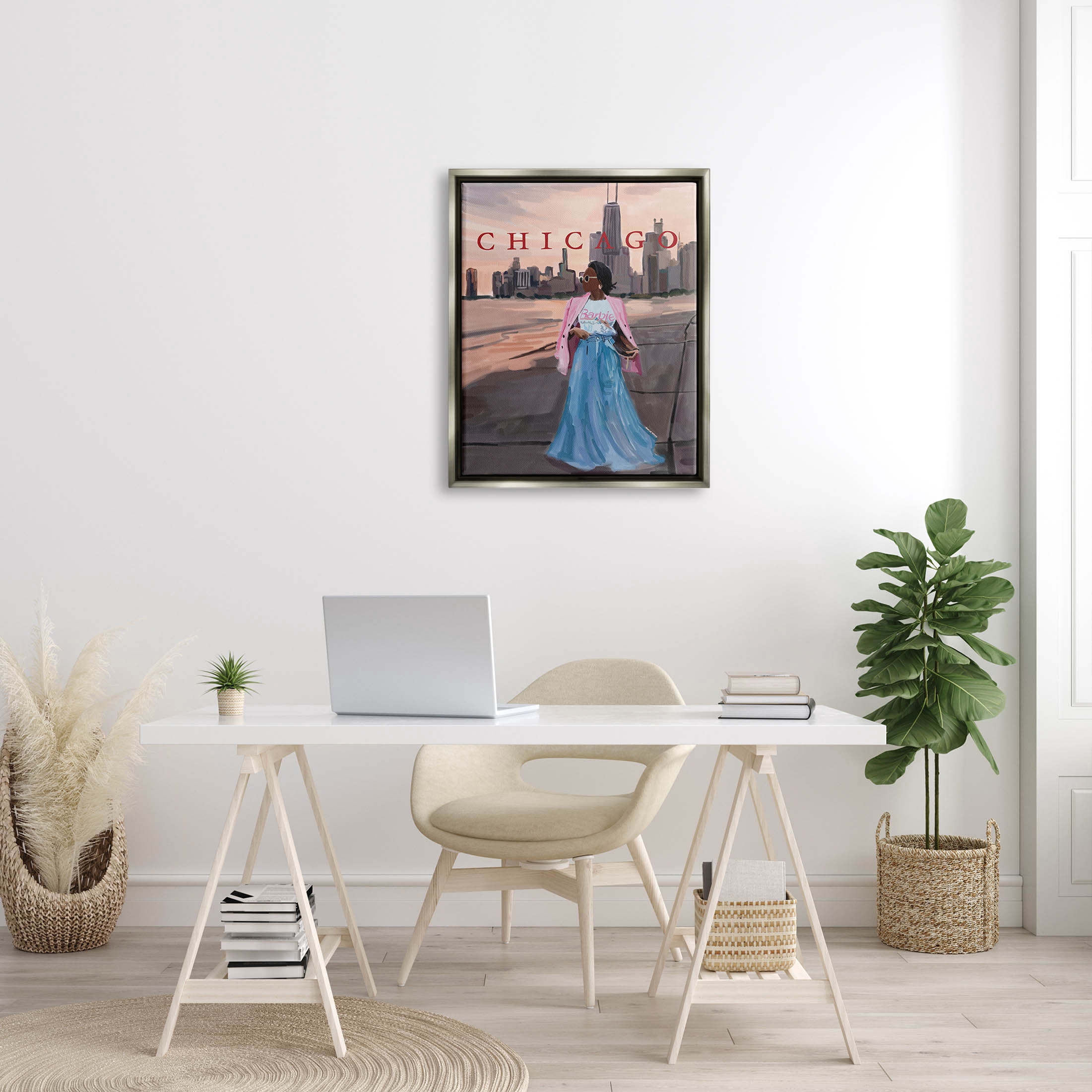 Stupell Industries Fashionable Woman Urban Chicago City Graphic Art Luster Gray Floating Framed Canvas Print Wall Art, Design by Amelia Noyes
