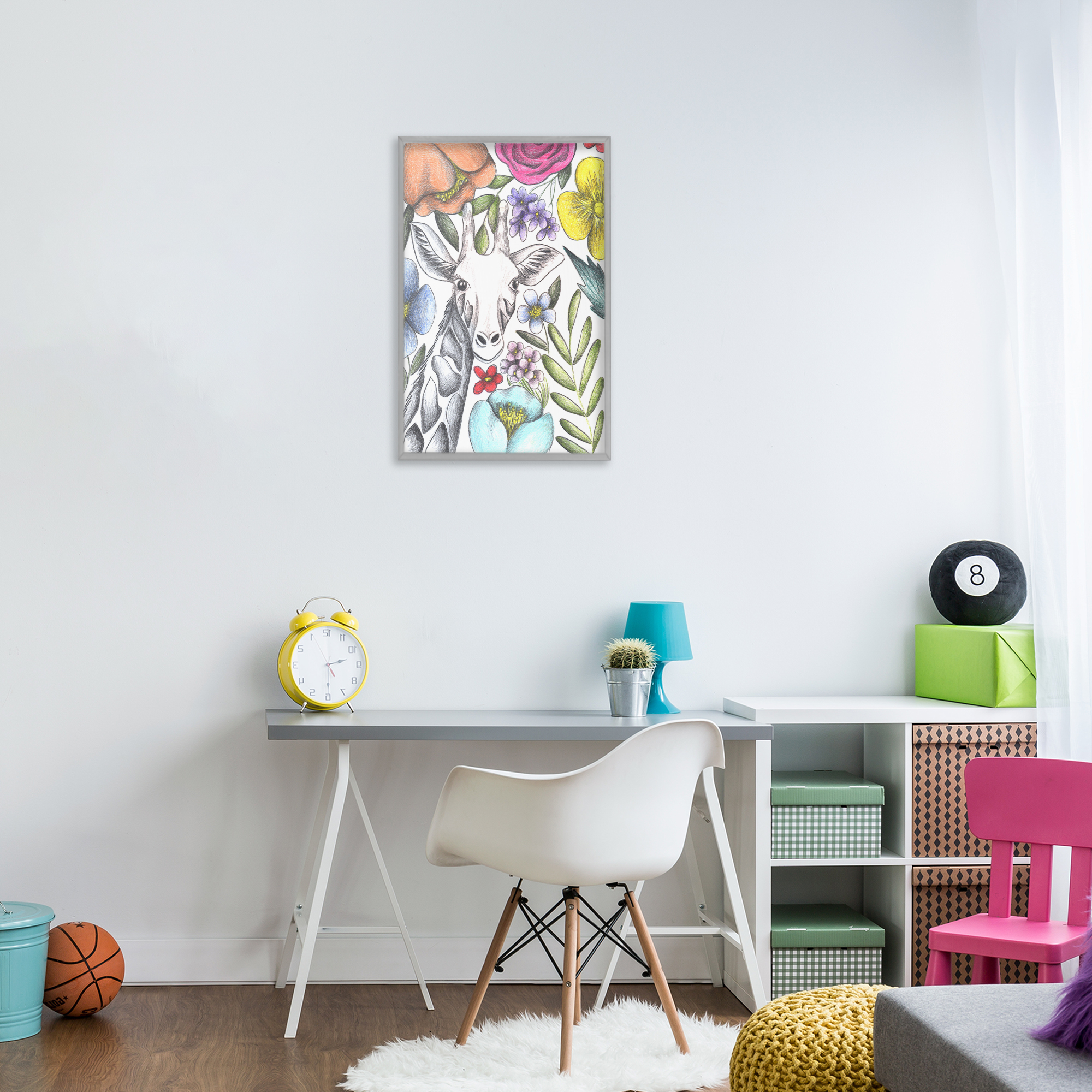Giraffe In The Midst of Flowers Gray Framed Giclee Art, design by Cecilia Battaini