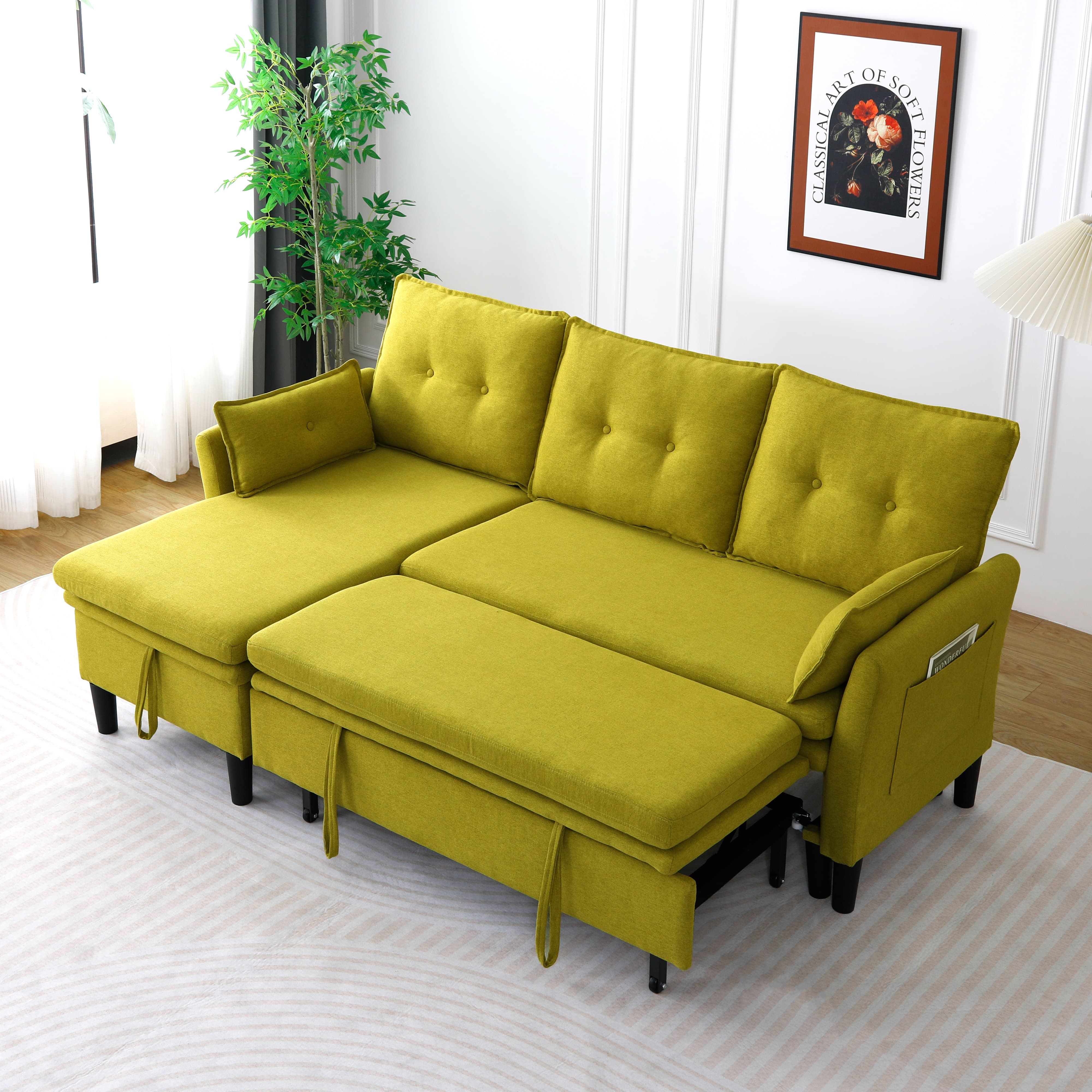 MAYEERTY L-Shaped Reversible Chaise Sectional Sofa Linen Sofa Bed with Storage, for Apartment, Green