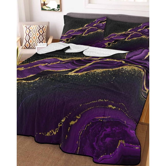 Marble Black Queen Size Down Alternative Comforter, Lightweight Comforter Quilt Bedding Set with Pillow Shams Purple Gold Art Abstract Vintage Farmhouse All Seasons Bed Comforter Duvet Insert 90"x96"