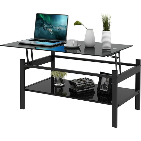 Glass Lift Top Coffee Table, Black Lift up Coffee Table with Open Shelf, Rectangle Tempered Glass and Metal Frame, Modern Pop up Coffee Table for Living Room, Office, Bedroom, Reception Room