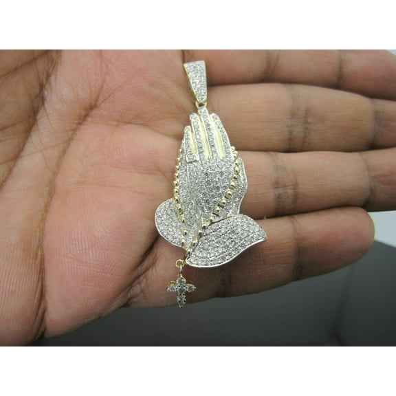 10K SOLID YELLOW GOLD 2.25 CARAT REAL DIAMOND 1.75" PRAYING HAND PENDANT CHARM