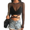 thumbnail image 5 of hirigin Women Mesh Crop Top, Long Sleeve Crew Neck Fish Net Sheer T-shirt Tops for Party Club, 5 of 9
