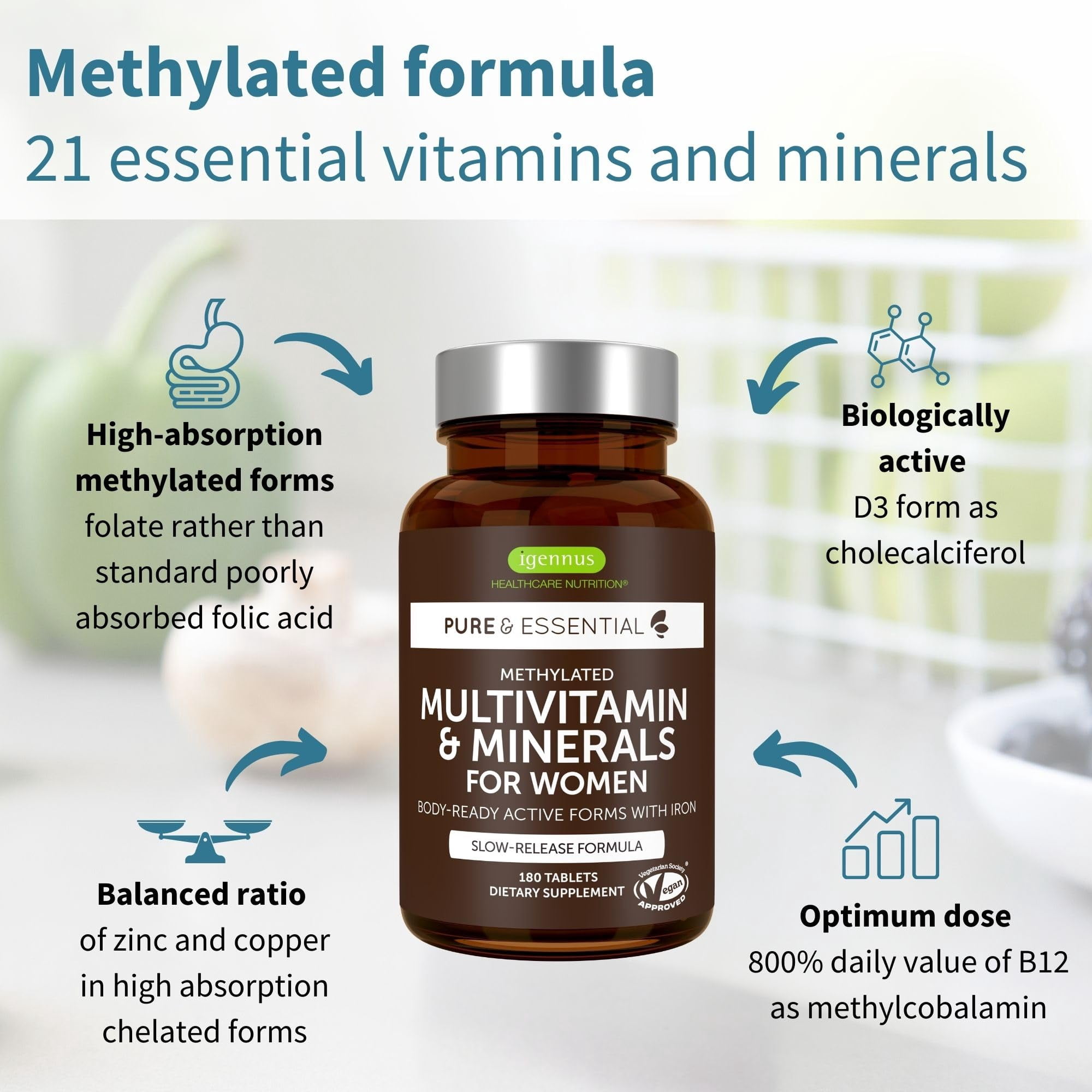 Igennus High Potency Methylated Multivitamin for Women, Pure & Clean Ingredients, MTHFR Supplement with Active B-Vitamins, Vitamin K2 MK7, Gentle Iron,Sustained Released, Non-GMO & Halal, 180 Tablets