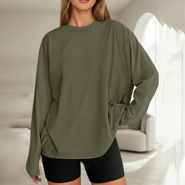 MHFRRA Camiseta de Manga Larga Oversize de Moda, Informal, Básica, con Cuello Redondo, para Uso Diario. Verde Oscuro