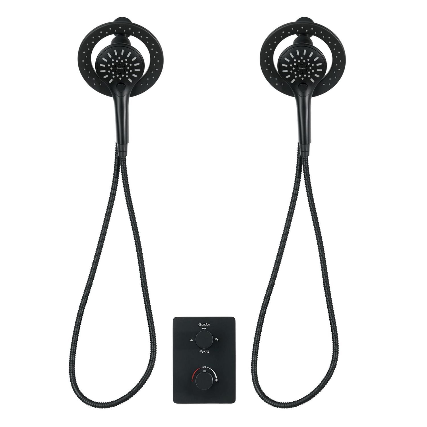 Valve thermostatique carrée avec déviateur à 4 voies d'Akuaplus®. 2 douchettes magnétiques, pouvant être utilisées simultanément. Douchette magnétique à 3 réglages avec bouton poussoir et pommeau de d