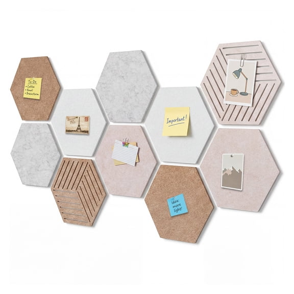 10 Pack Hexagon Felt Bulletin Boards, Self-Adhesive 12 in Felt Wall Tiles, Frameless Cork Board Tiles, Decorative Acoustic Wall Panels for Office, Home, School, Beige Set
