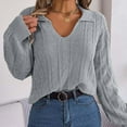 thumbnail image 5 of FAKKDUK Women's 2023 Fall Knit Pullover Sweater Elegant Long Lantern Sleeve V Neck Womens Pullover Blouse T-Shirt Women Knit Sweater Slim Fit Solid Basic Casual Tee Tops, S&Gray, 5 of 8