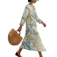 thumbnail image 3 of DISNIMO Women's Spring Dress Leaf Print 3/4 Sleeve Maxi Dresses Loose V Neck Midi Long Dress Casual Fashion Linen-Like Shift Dresses, 3XL, 3 of 6