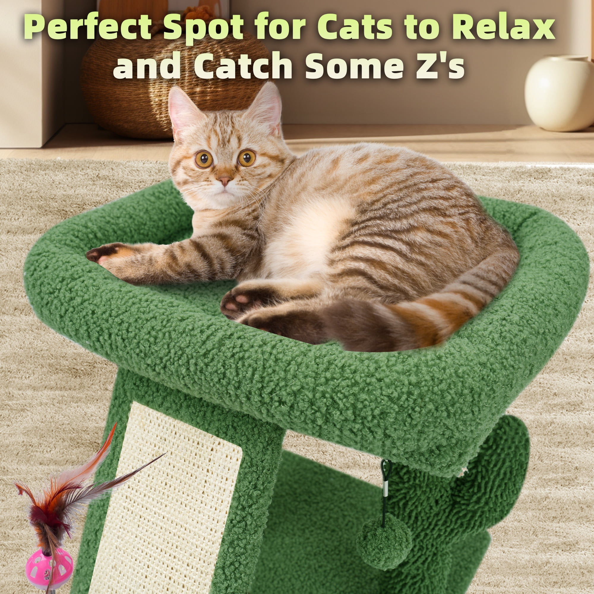 WK Desert Cactus Cat Tree with Condo and Scratch Post Hammock Hanging Ball Green