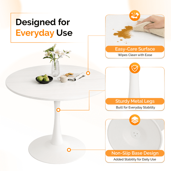 Round Tulip Dining Table, 39.4 Inch Dining Table for 4 People, Melamine Laminated MDF Tabletop with Metal Pedestal Base, Easy Assembly Kitchen Dinner Table for Dining Room, Home, Apartment, White