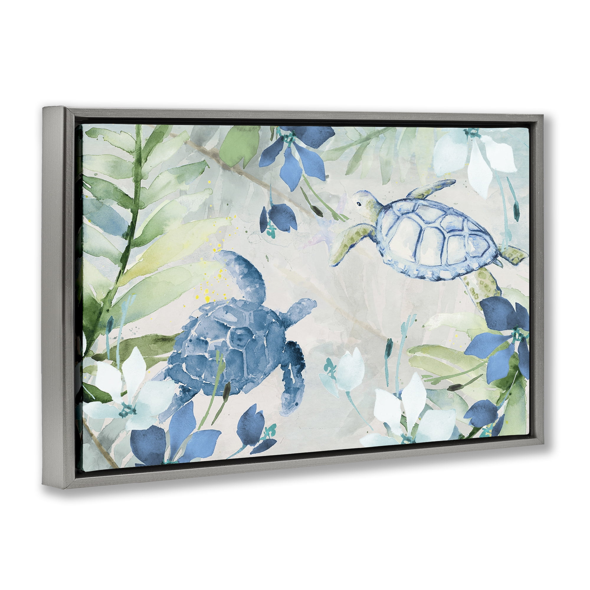 Stupell Industries Turtles Among Flowers Coastal Painting Gray Floater Framed Canvas Art Print Wall Art, 25 x 17