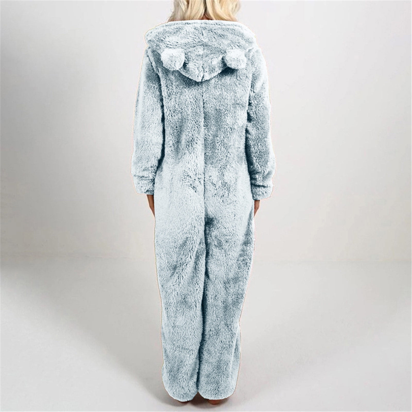 Lovskoo Womens Fluffy Hooded Jumpsuit Fuzzy Pajamas Long Sleeve Cute Ear One Piece Onesie Winter Warm Rompers Sleepwear Light Blue