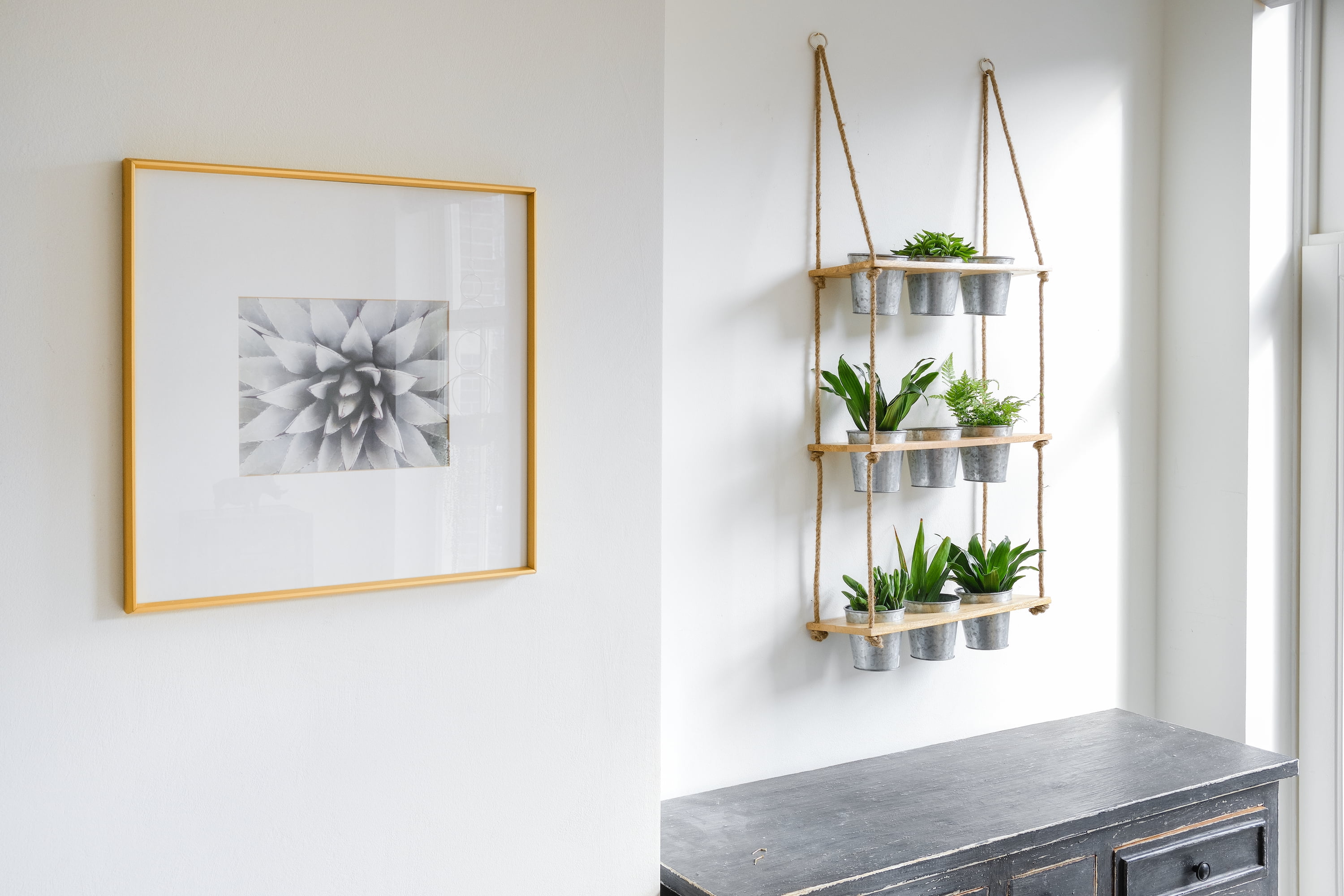 Wall Hanging Herb Planters, 3 Tiered Vertical Planter Shelf with Metal Pot Set, Indoor Garden, Wood Herb Garden for Kitchen, Vertical Hanging Planters Wall Hanging- Parent (Galvanized)