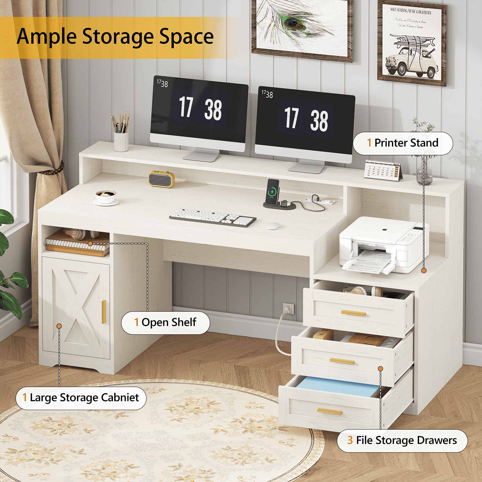 Farmhouse Computer Desk with Drawers, 65'' Home Office Desk with Power Outlets, Storage Cabinet and Printer Stand, Study Writing Desks with Long Monitor Stand, White