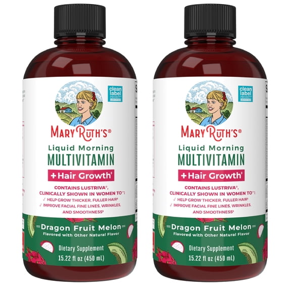 (2 pack) MaryRuth's Liquid Multivitamin Hair Growth with Biotin 10000MCG, Lustriva, Vegan Gluten-Free, Dragonfruit Melon Flavor, Adults Ages 18 , 15.22 fl oz