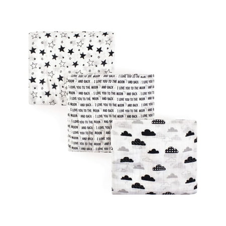 - Hudson Baby Boy and Girl Muslin Swaddle Blankets, 3-Pack, Moon and Back