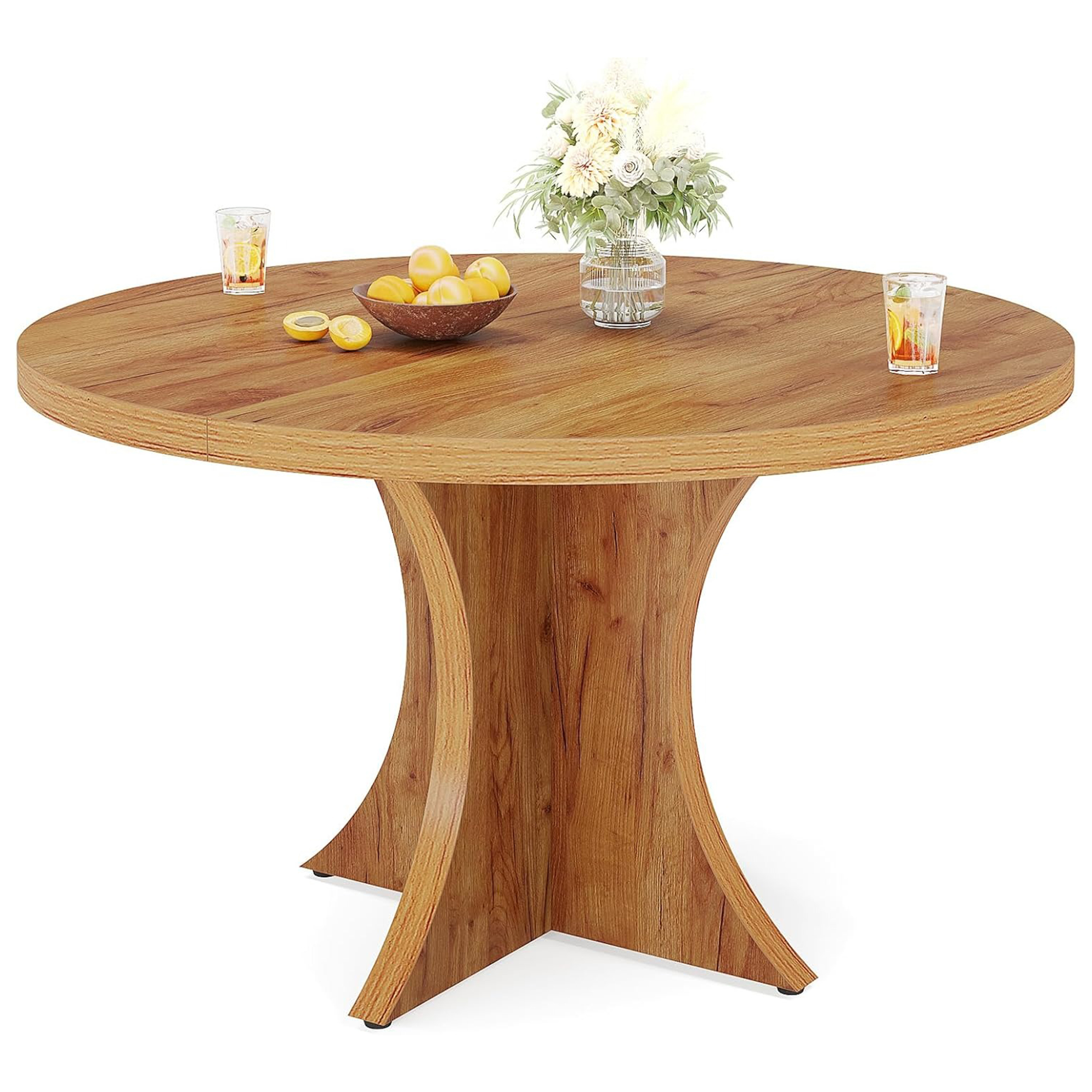 Farmhouse Round Dining Table, 47-Inch 4-6 Seater Wood Table with Pedestal Base, Small Space Kitchen Dinner Table for Dining Room Living Room, Brown