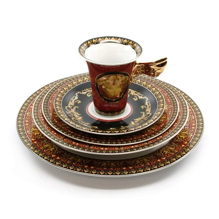 - Royalty Porcelain Vintage 5-pc Place Setting 'Red Medusa', Premium Bone China