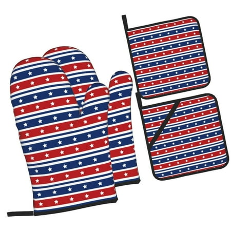 

Balery Fourth Of July Pattern Oven Mitts and Pot Holders 4 pcs Set Kitchen Oven Glove High Heat Resistant 500℉ Oven Mitts with Non-Slip Silicone Surface