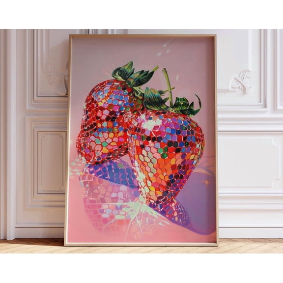 Trendy Wall Art Pink Print Strawberry Home Decor, Colorful Wall Art Bedroom Wall Decor Kitchen Print, Funky Wall Art Maximalist Wall Decor Wall Art, Modern Wall Decor, 8x12 UNFRAMED