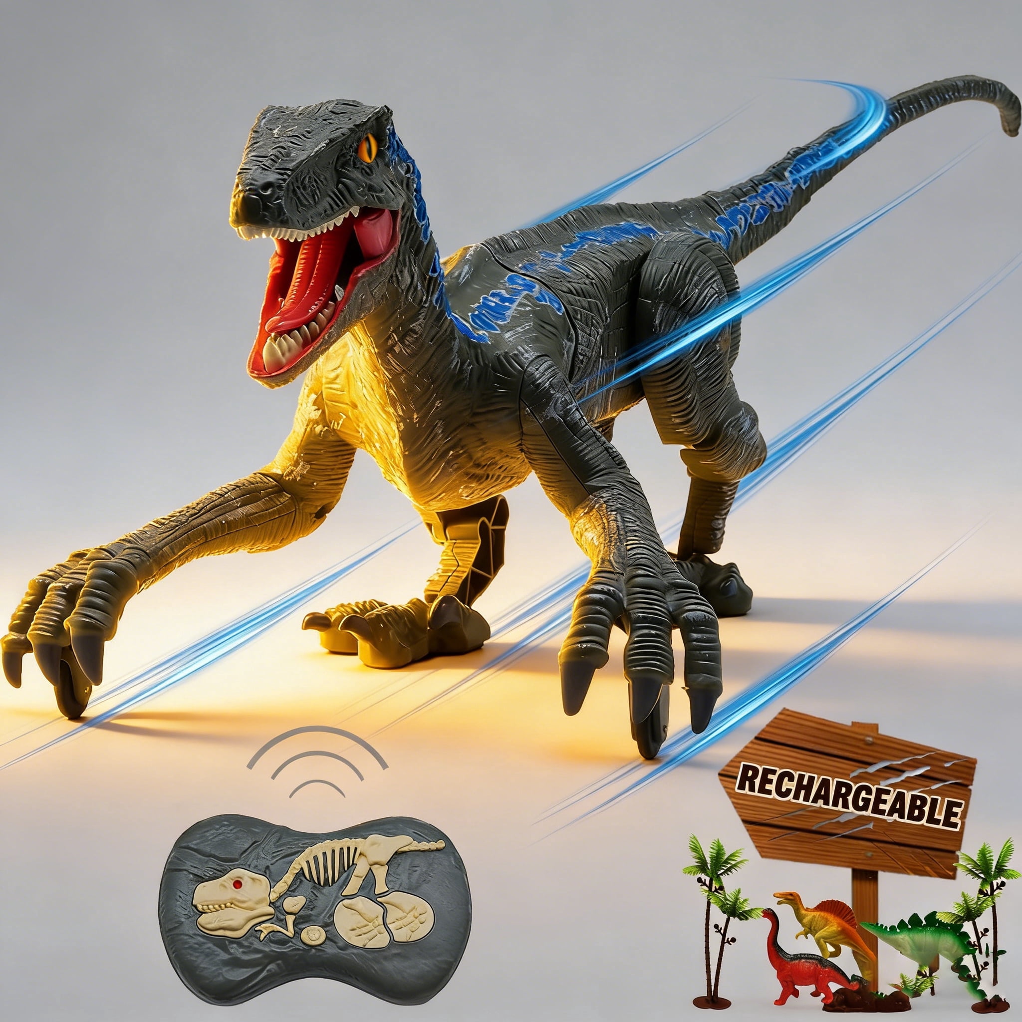 UFULMN Remote Control Dinosaur Toys for Boys Kids Girls Electronic RC Robot Toy Walking Roaring Velociraptor Jurassic Dino Rechargeable Raptor Blue