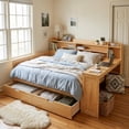 thumbnail image 1 of Homy Casa Full Size Bed Frame 91.3" W with Storage Headboard, Drawers and Side Desk for Kids Room, Natural Wood, 1 of 7