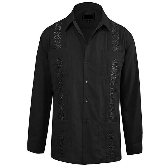 Maximos Men's Guayabera Cuban Style Casual Vacation Bartender Wedding Button up Long Sleeve Dress Shirt Black 5XL