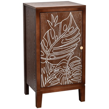 eHemco Tropical Monstera Door Accent End Table, Modern Retro Style, 16.5 x 14 x 31 Inches, Antique Walnut Finish