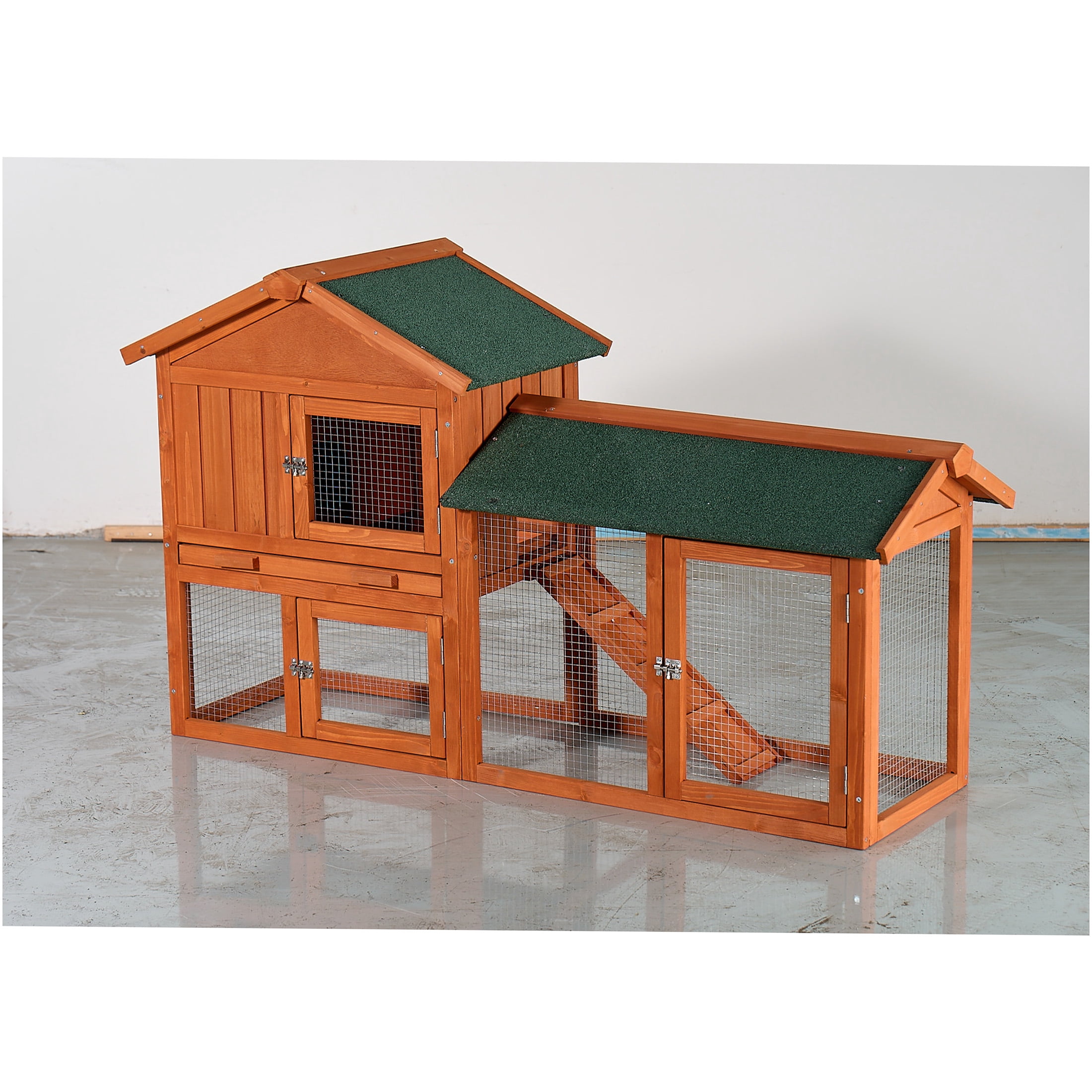 JERFIT Large Outdoor Rabbit Hutch with Waterproof Roof, 2-Story Wooden Bunny Cage with Pull-Out Tray, Ramp & Run for Rabbits, Guinea Pigs, Chickens
