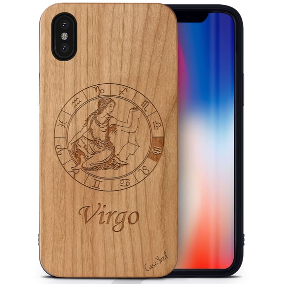Case Yard Wooden Case Outside Soft TPU Silicone, Slim Fit Shockproof Wood Protective Phone Cover for Girls Boys Men and Women, Supports Wireless Charging Virgo Sign Design case for iPhone-X