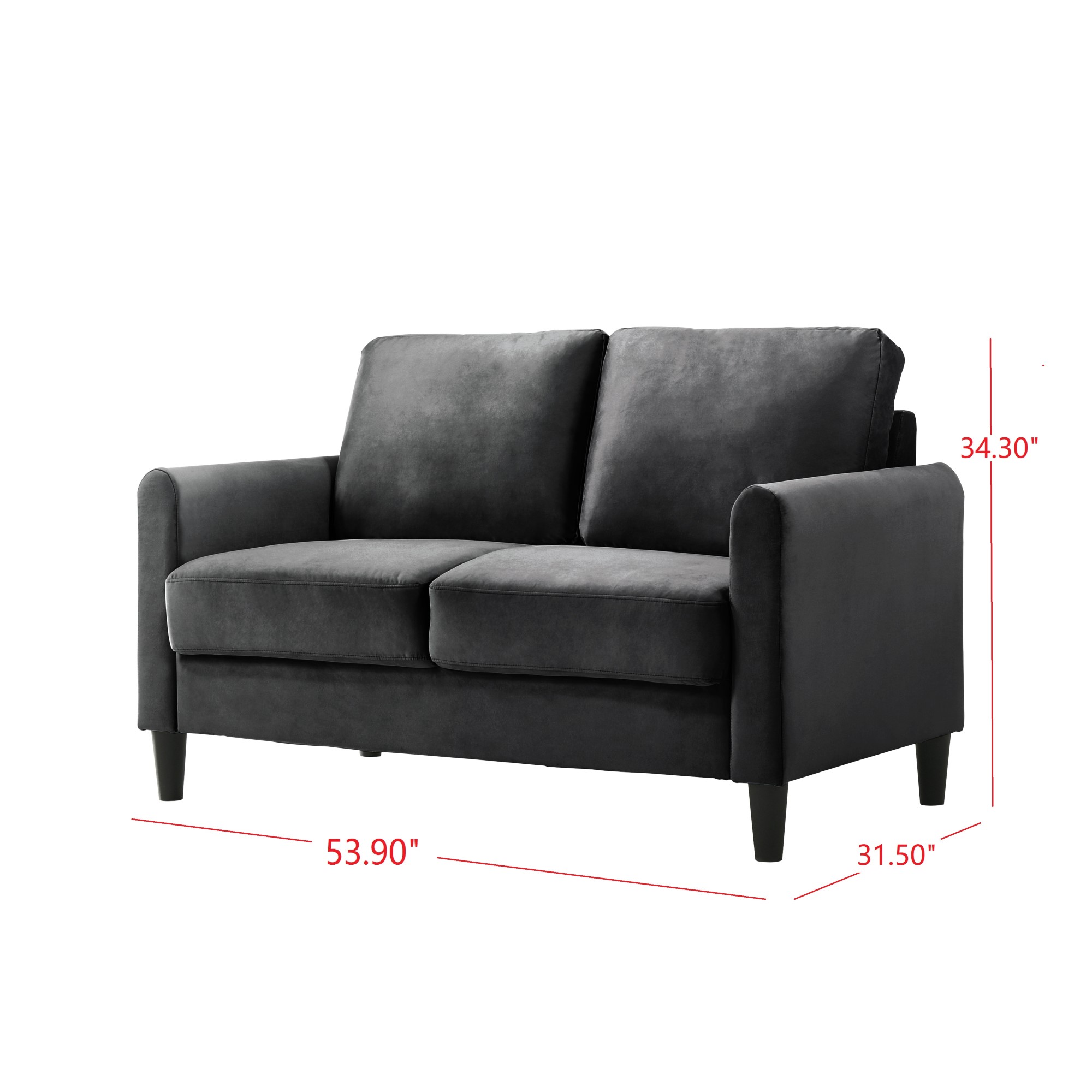 Home Design Airell Velvet Arm Loveseat with Plush Armrests and Sleek Black Legs, Modern Upholstered Design for Living Room, Dark Gray