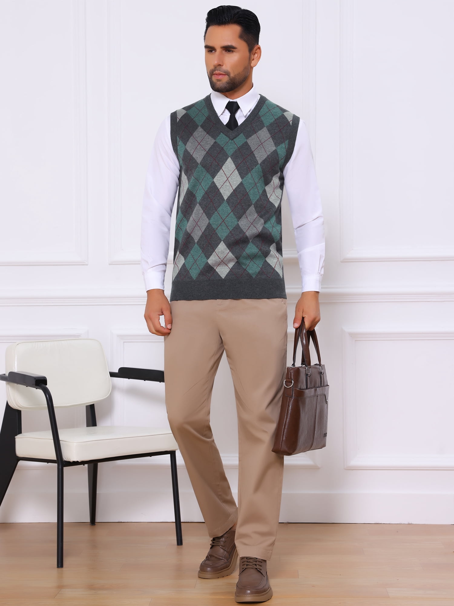 DARING DIVA Men's Casual Knit Sleeveless V-Neck Plaid Argyle Sweater Vest S Dark Gray