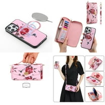 Feishell for Apple iPhone 16 Plus Crossbody Wallet Detachable Case,for Women Girls,Flower Pattern PU Leather RFID Blocking Multi Card Slots Zipper Phone Case with Shoulder & Hand Strap, Pink