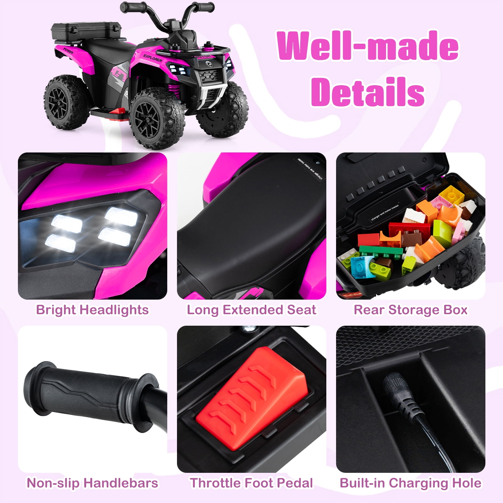 Costway 6V Toddler Ride On Electric Car ATV with Lights & Music & USB Port Storage Box Toy Car Pink