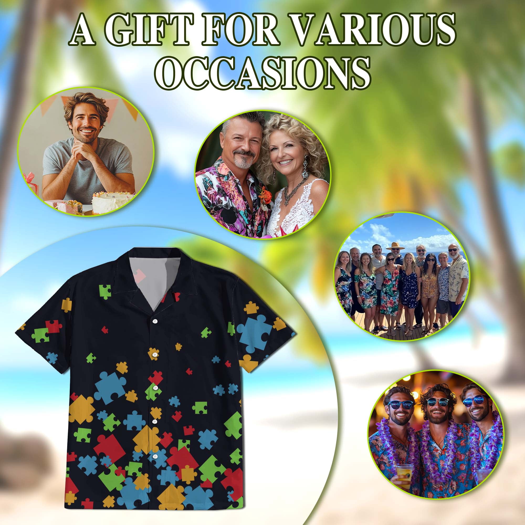 Colorful Autism Awareness Hawaiian Shirt for Men, Button Down Summer Beach Short Sleeve, S-5XL