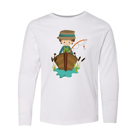 Inktastic Fishing Boy, Brown Hair, Fisherman, Fishing Rod Long Sleeve Youth T-Shirt