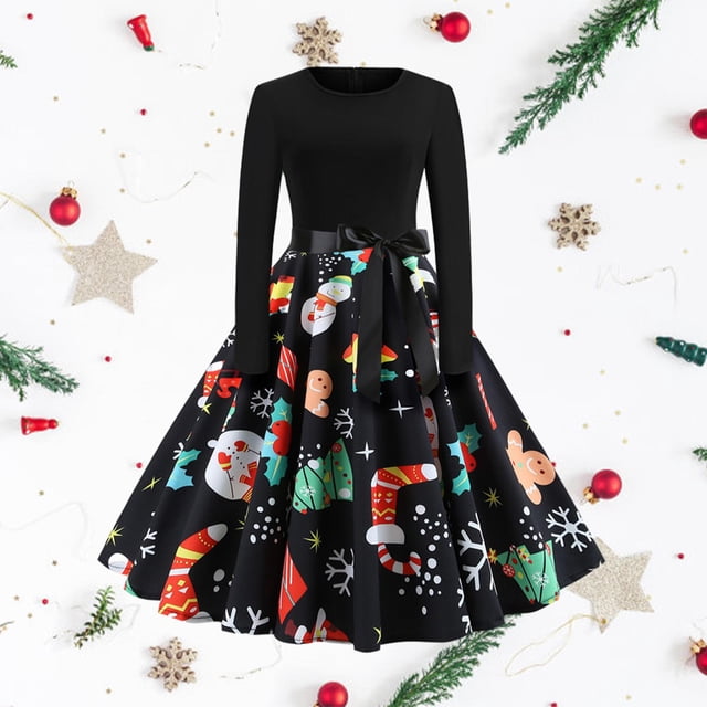 Vestido de Navidad Macarena Casual de Manga Larga Vintage 50S Impreso Acampanado Swing MIDI Imprimir 3 XXL