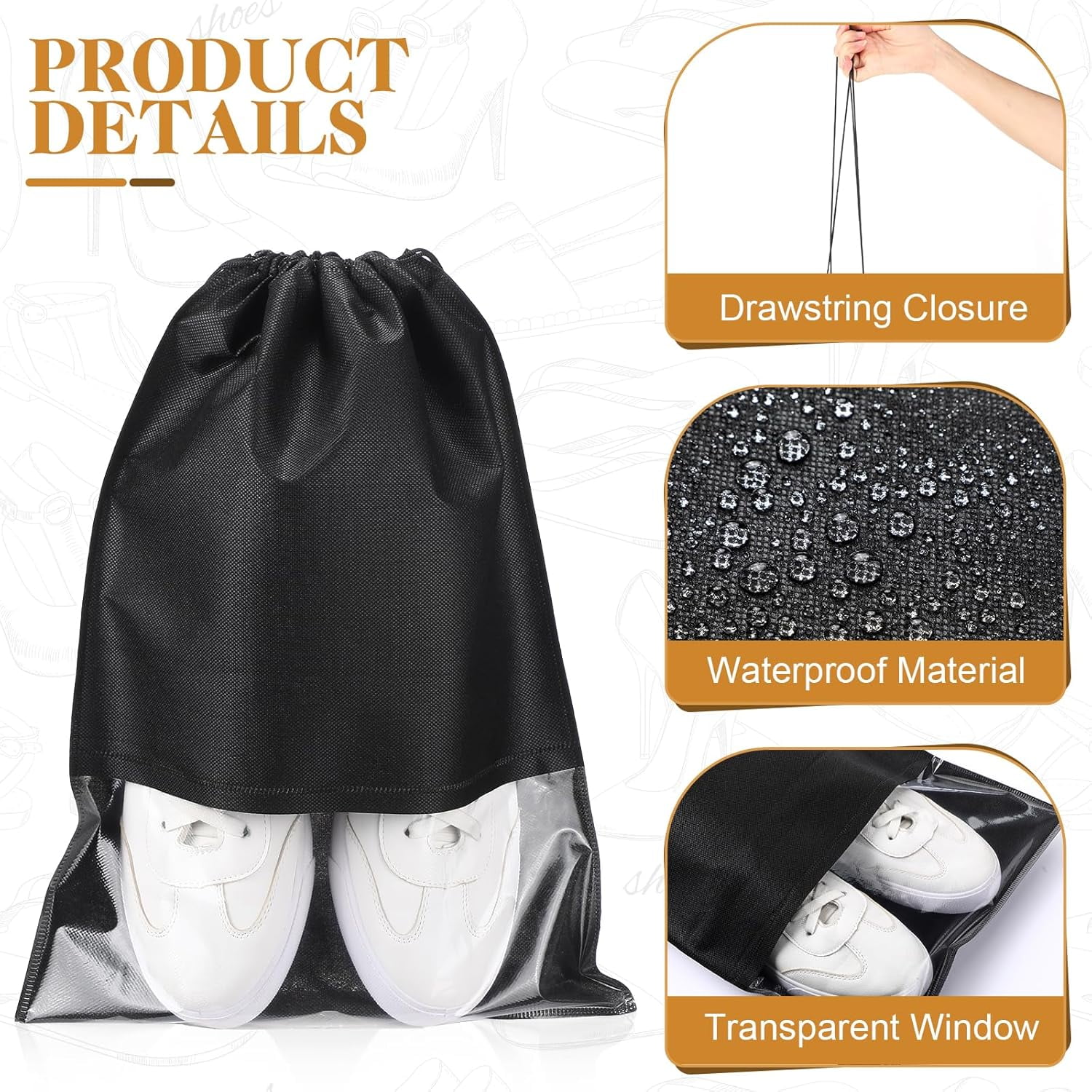 50 Pcs Black Shoe Bags for Travel Large Non Woven Drawstring Shoes Organizers Pouch for Packing Portable Storage Bags Carrier for Women Men Travel Storage, 12.6x17.3 Inches