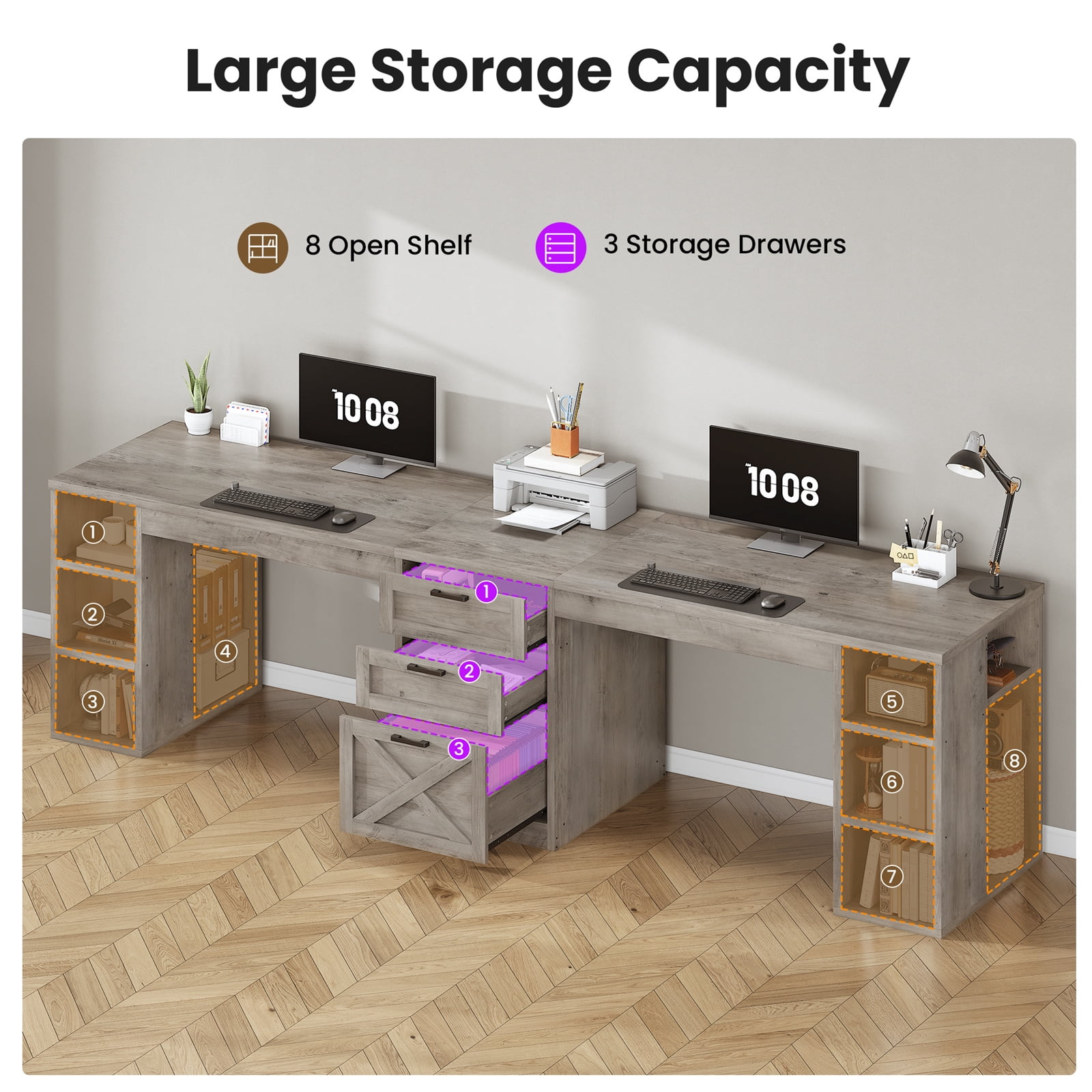 96.5 Inch 2 Person Desk with Storage, Farmhouse Double Desk with Drawers and Open Shelves, Home Office Desk with Printer Stand and File Drawer, Grey