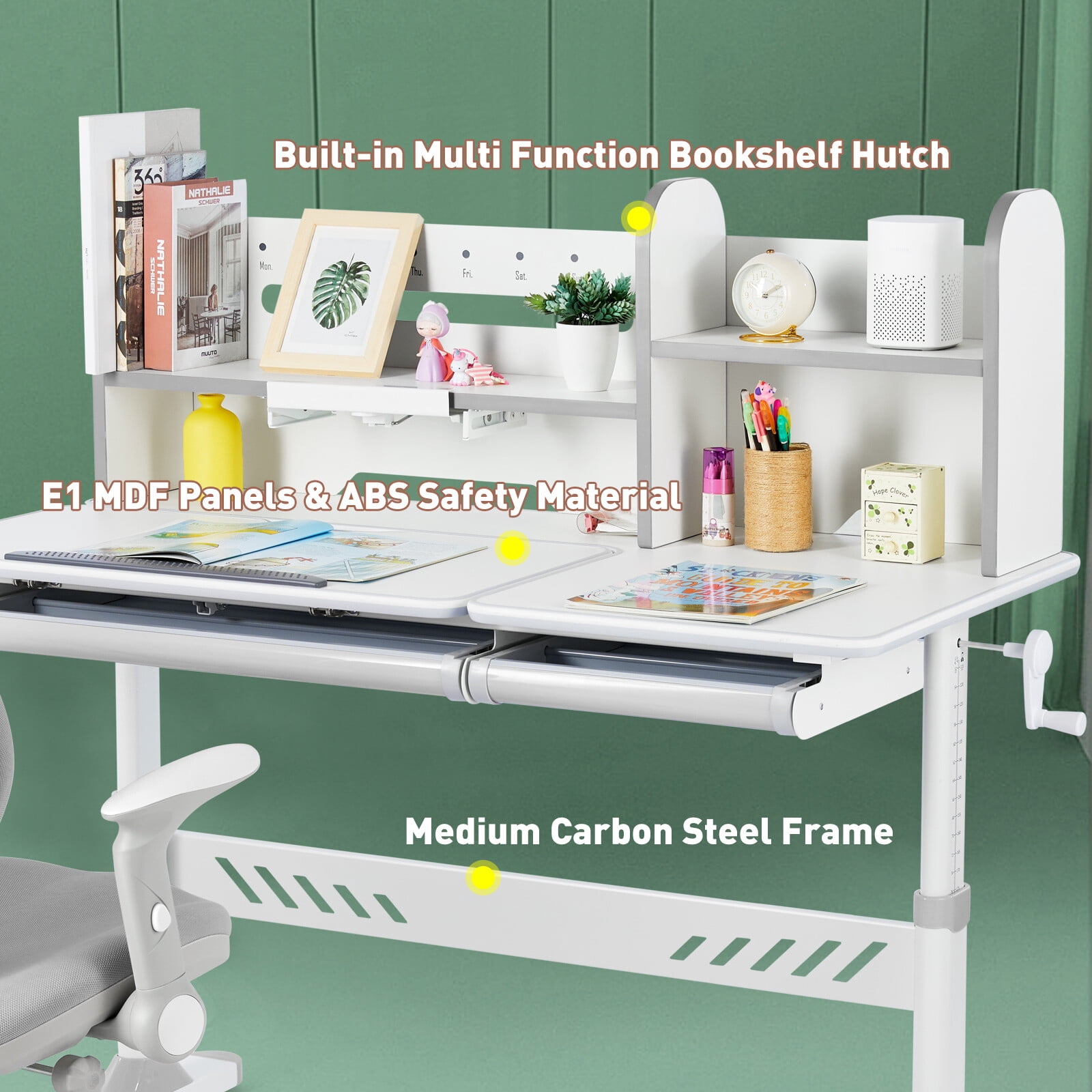 COSVALVE Ergonomic Height Adjustable Kids Study Desk and Chair Set Tilt Desktop Table Armrest Chair Boys Girls Students with Bookstand,Drawer(Gray)