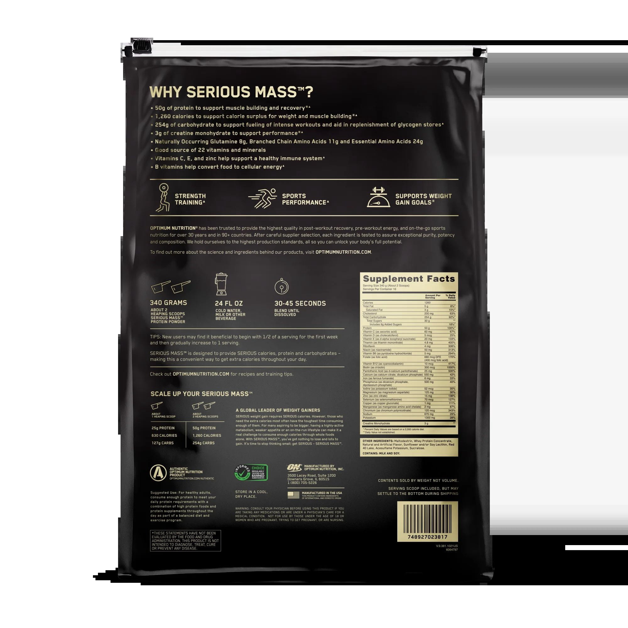 Optimum Nutrition, Serious Mass, 50 g Protein Powder, Strawberry, 12 lb, 16 Servings
