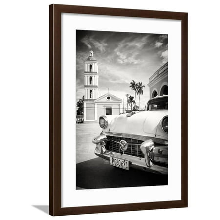 Classic Flame Santa - Cuba Fuerte Collection B&W - Classic Car in Santa Clara Framed Print Wall Art By Philippe Hugonnard