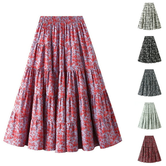 qolati Women's High Waist A-Line Skirts Causal Elastic Waistband Floral Boho Skirt Trendy Layered Ruffle Flowy Party Midi Skirt