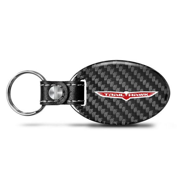 Jeep Trailhawk Real Carbon Fiber Large Oval Shape Black Leather Strap Key Chain