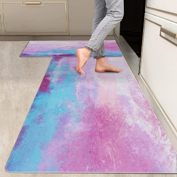 2 Pieces Kitchen Rugs, Abstract Anti Fatigue Non Slip Foam Cushioned Light Pink Purple Dappled Comfort Indoor Floor Mat Runner Rug Set for Laundry Office Sink Bathroom (17"x48" 17"x24")